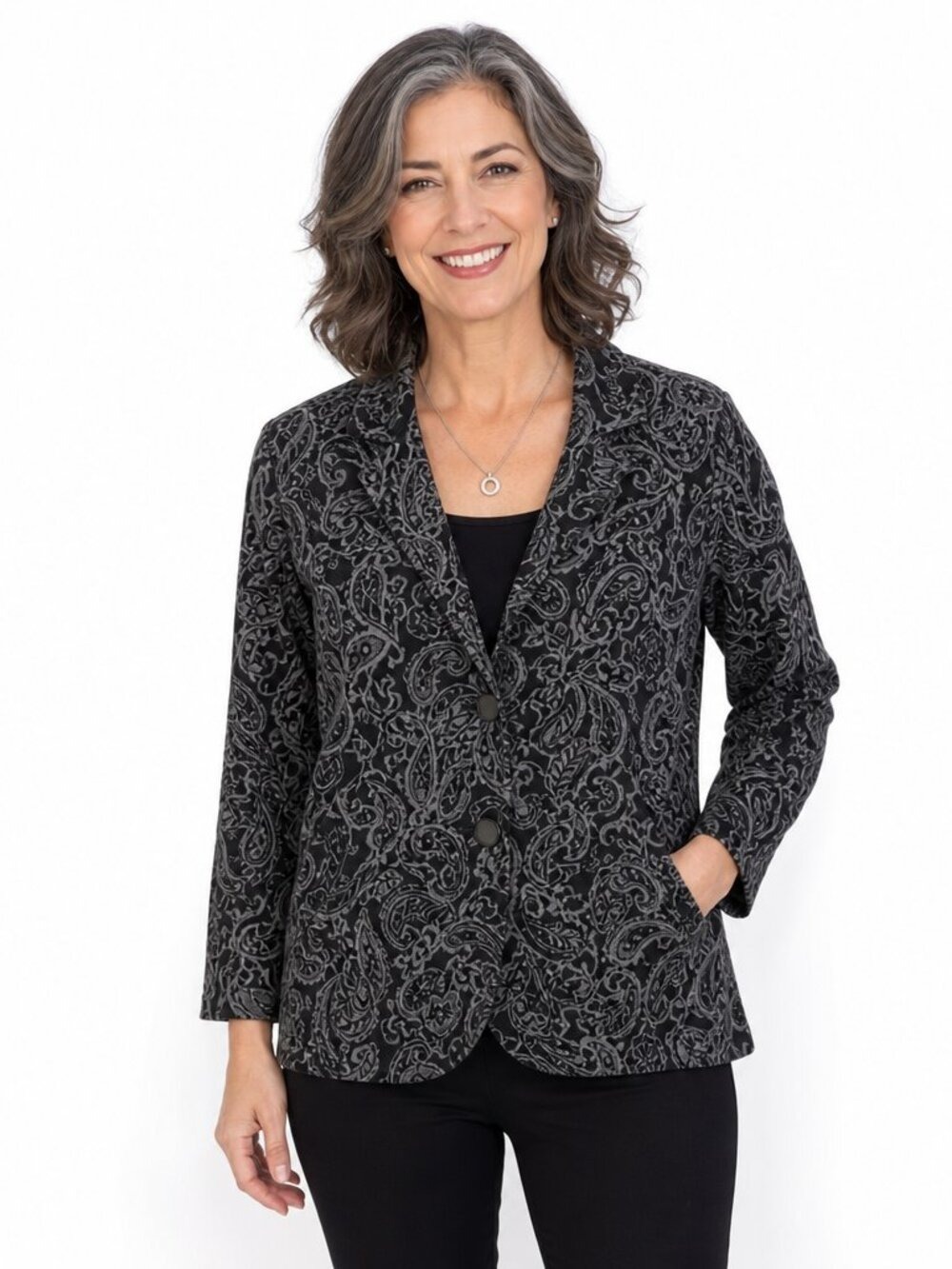 Coldwater Creek Paisley Gray & Black Jacket – Size 12 – Gently Used